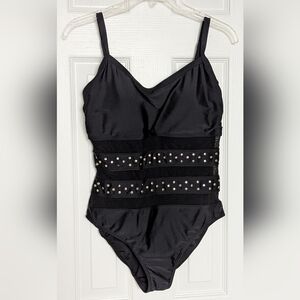 Simon Chang Women's (10) Black Swimsuit/Bathing Suit w/ Mesh & Gold Stud Accents